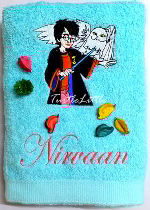 TurtleLittle, Cotton, Harry Potter with Owl Personalised Kids Bath Towel, 500 GSM (Set of 1, Blue)