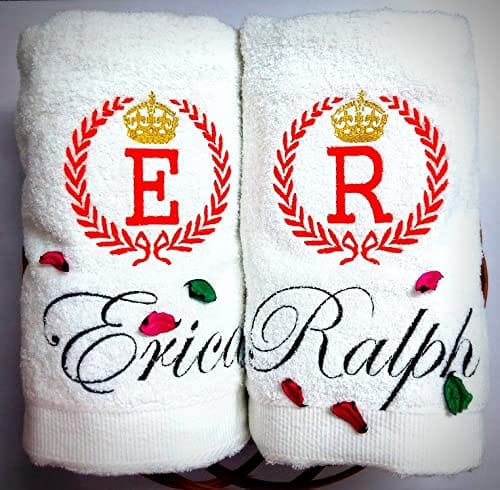 TurtleLittle, 100% Cotton, Laurel with Initials Personalised Couple Towel Set, 600 GSM (Set of 2, White)