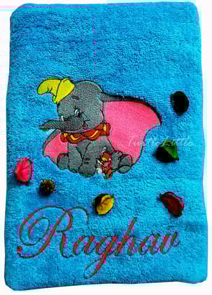 TurtleLittle, Cotton, Dumbo Baby Elephant Personalised Kids Bath Towel, 500 GSM (Set of 1, Blue)