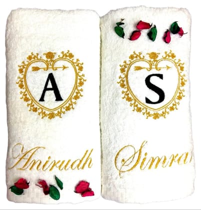 TurtleLittle, Cotton, Gold Initials Emblem Personalised Valentines Couple Bath Towel, 600 GSM (Set of 2, White)