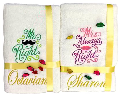 TurtleLittle, Cotton, Mr Right, Mrs Always Right Personalised Couple Towel Set, 600 GSM (Set of 2, White)