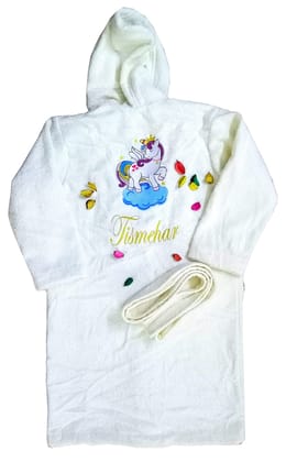 TurtleLittle, 100% Cotton, Personalised Unicorn Pony Princess Bathrobe with Hood for Kids, 7 to 10 Years, with Name and Initials, 350 GSM (Set of 1, Ivory White)
