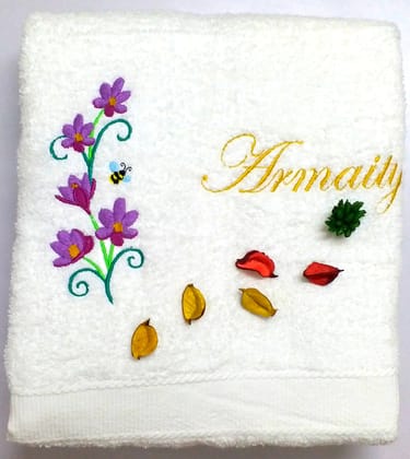 TurtleLittle, 100% Cotton, Floral Bee Personalised Ladies Bath Towel for Women, 600 GSM (Set of 1, White) TurtleLittle, 100% Cotton, Floral Bee Personalised Ladies Bath Towel for Women, 600 GSM (Set of 1, White)