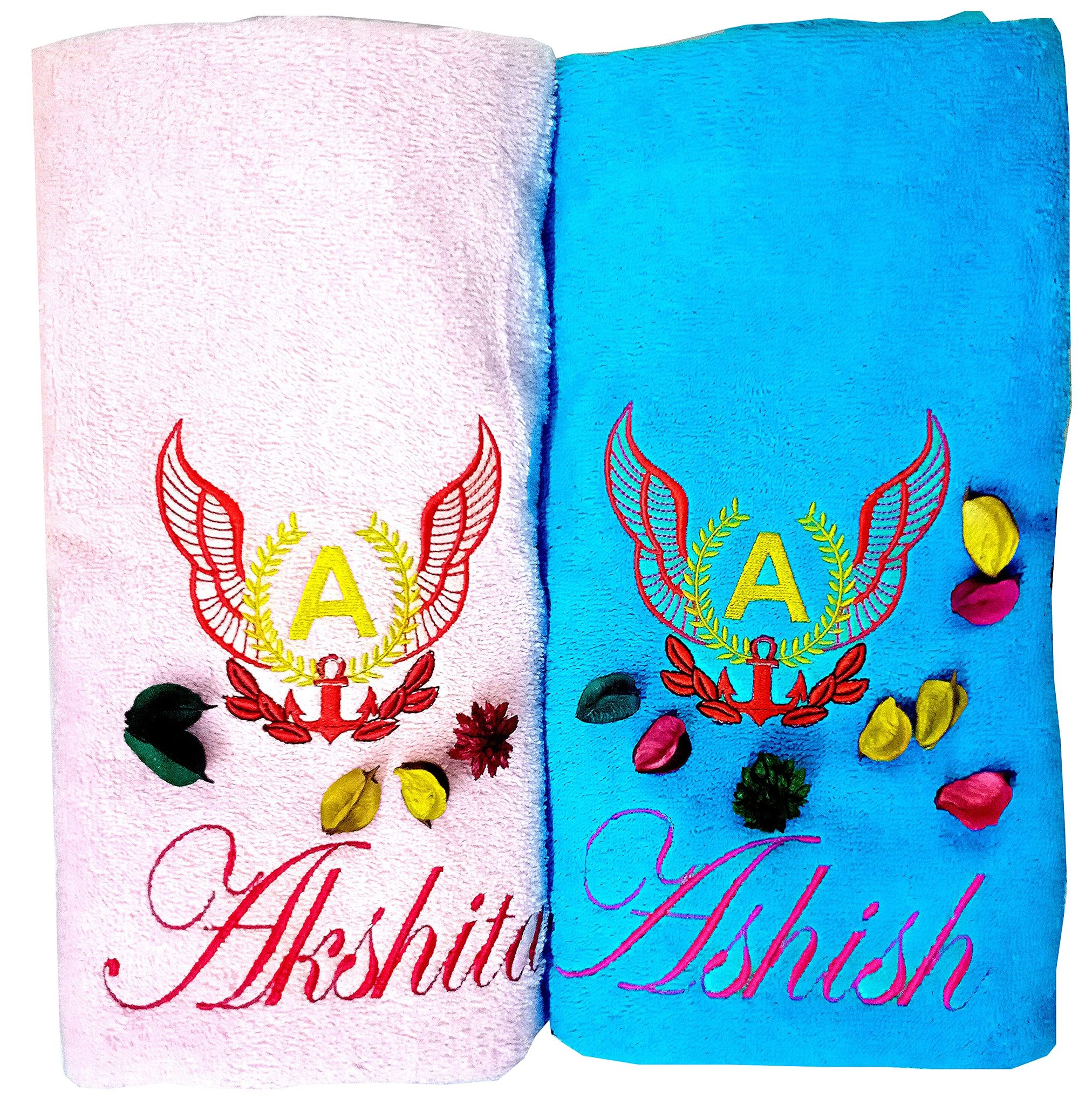 TurtleLittle, 100% Cotton, Personalised Wings Emblem Valentines Couple Bath Towels, 600 GSM (Set of 2, Pink, Blue)