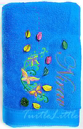 TurtleLittle, 100% Cotton, Floral Butterfly Personalised Adult Bath Towel, 600 GSM (Set of 1, Blue)