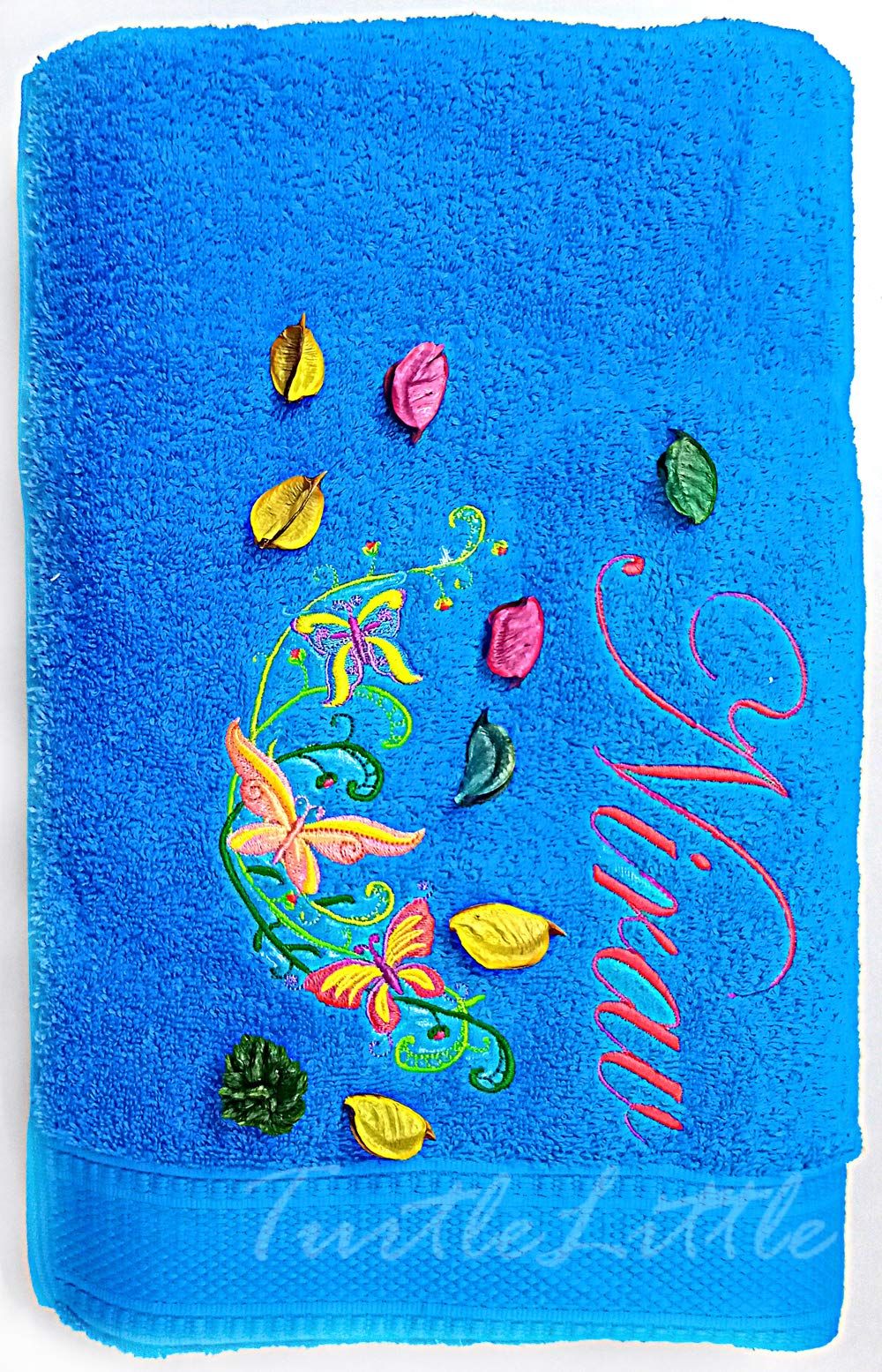 TurtleLittle, 100% Cotton, Floral Butterfly Personalised Adult Bath Towel, 600 GSM (Set of 1, Blue)