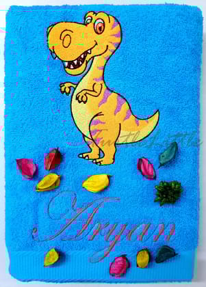 TurtleLittle, Cotton, Dinosaur Personalised Kids Bath Towel, 500 GSM (Set of 1, Blue)