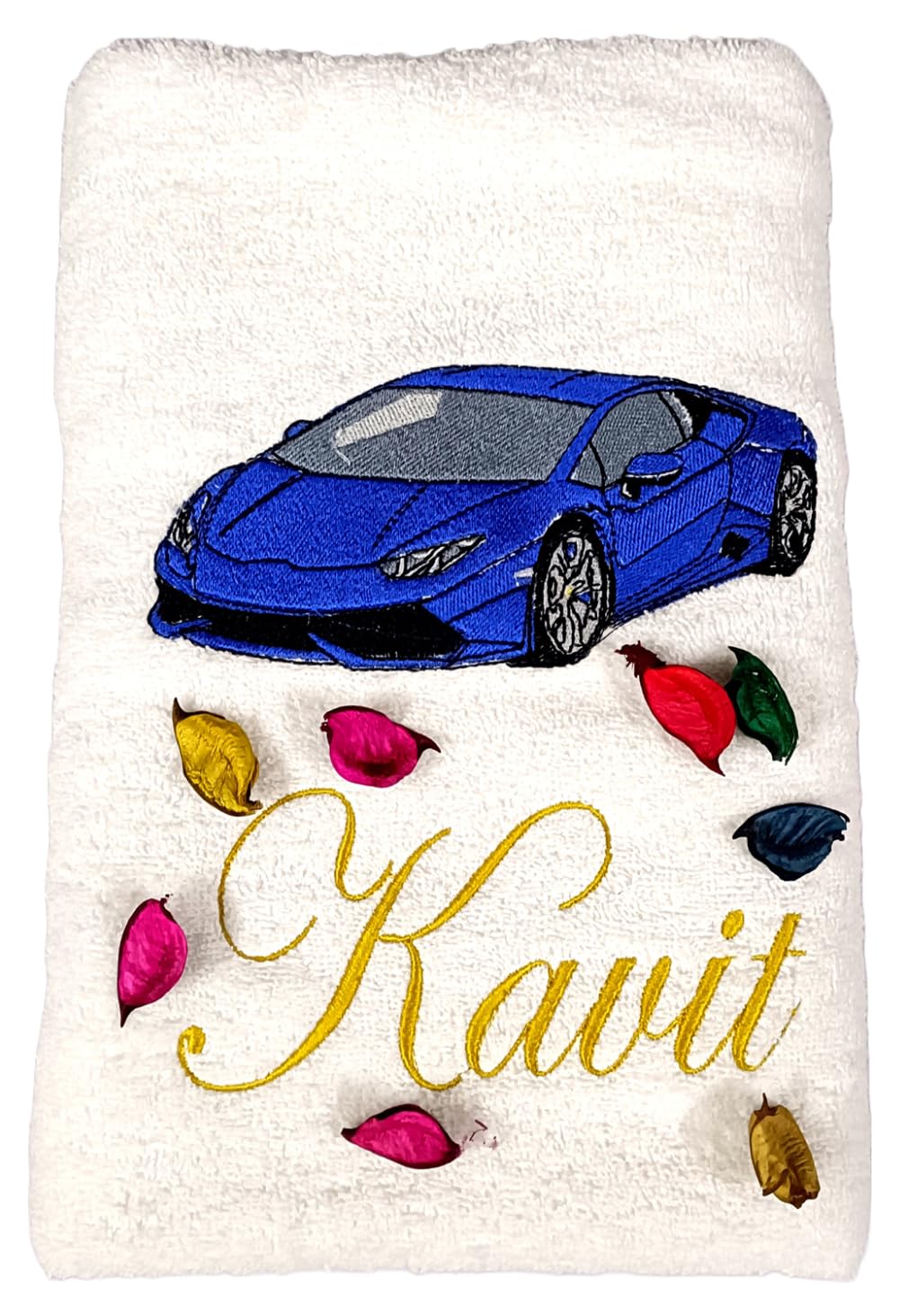 TurtleLittle, 100% Cotton, Blue Sports Car Personalised Adult Bath Towel, 500 GSM (Set of 1, White)