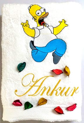 TurtleLittle, 100% Cotton, Homer Simpson Embroidered Personalised Luxury Adult Bath Towel, 600 GSM(Set of 1, White)
