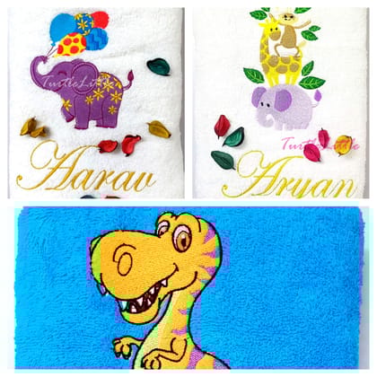 TurtleLittle, Cotton, 3 Animals Kids Towels Value Saver Combo Pack, Elephant, Giraffe, Monkey, Bird and Dinosaur, 500 GSM (Set of 3, White, White, Blue)