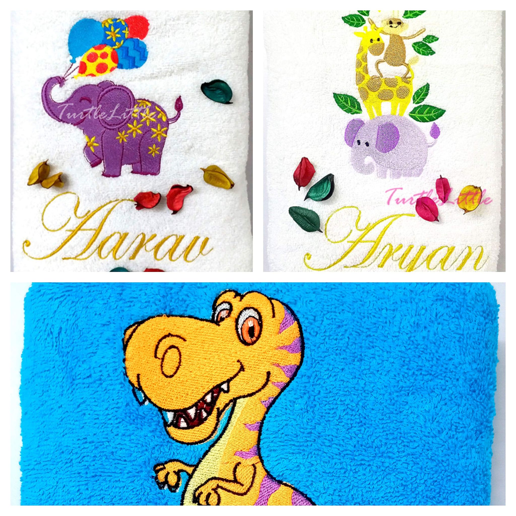 TurtleLittle, Cotton, 3 Animals Kids Towels Value Saver Combo Pack, Elephant, Giraffe, Monkey, Bird and Dinosaur, 500 GSM (Set of 3, White, White, Blue)