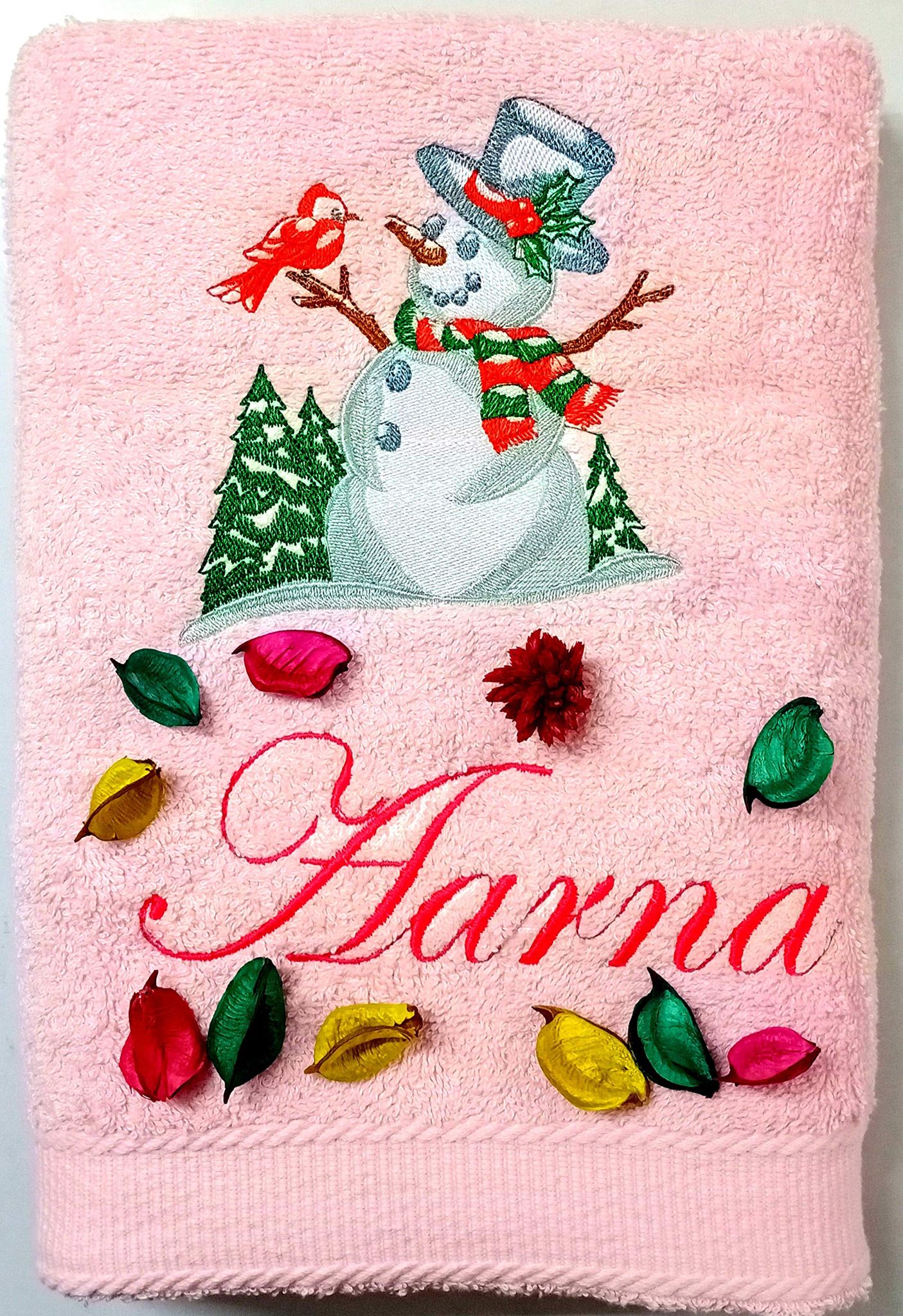 TurtleLittle, Cotton, Snow Man with Christmas Tree Personalised Kids Bath Towel, 500 GSM(Set of 1, Pink)
