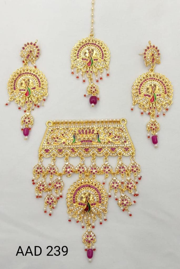 Yash Jewellery Gold Plated Rajasthani Dangling AD/CZ Necklace Set for Women with Peacock Earrings Tika raajwadi royal traditional multicoloured aad set ideal for women