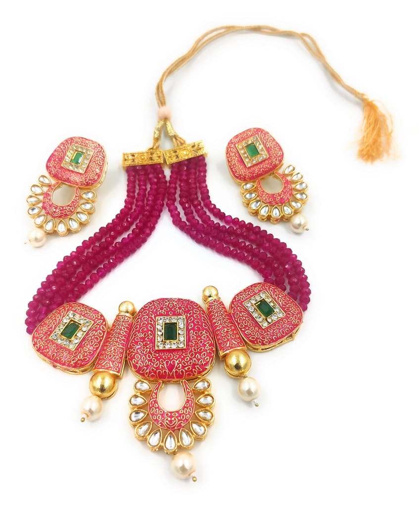 Bella store Handmade Designer Kundan Pink Meenakari Brass Traditional wedding Occasion stylish Hand-painted Necklace For Women and Girls