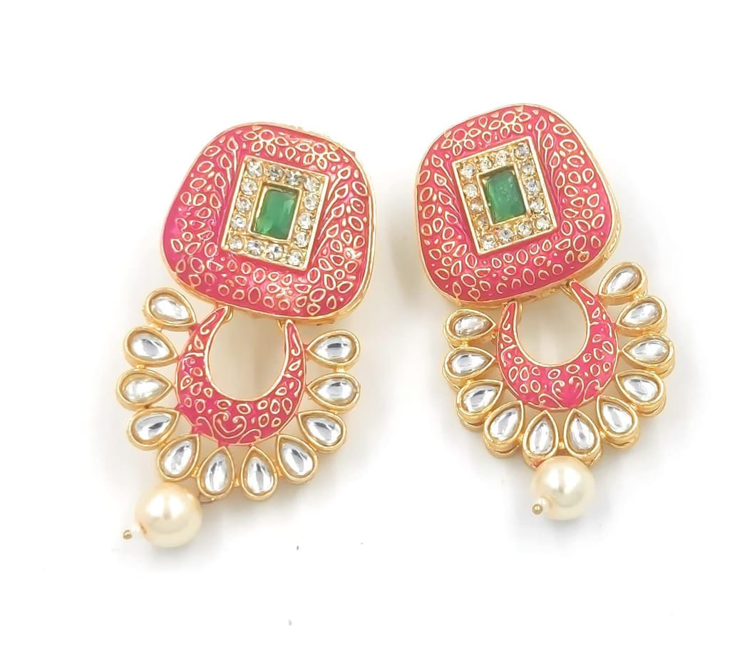 Bella store Handmade Designer Kundan Pink Meenakari Brass Traditional wedding Occasion stylish Hand-painted Necklace For Women and Girls