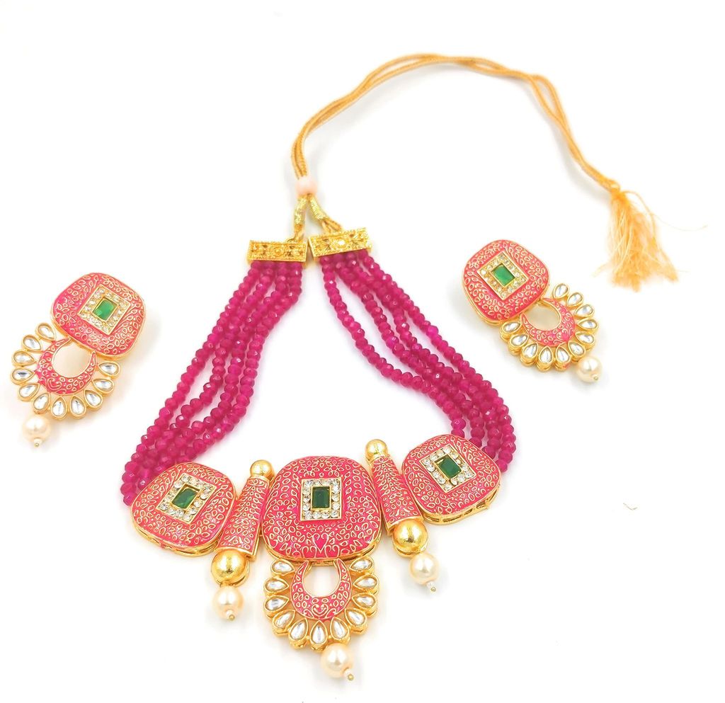 Bella store Handmade Designer Kundan Pink Meenakari Brass Traditional wedding Occasion stylish Hand-painted Necklace For Women and Girls