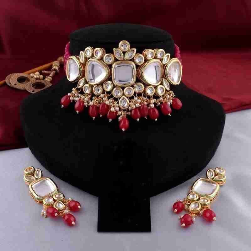 Yash Jewellery Red Color Heavy Kundan Jewelry Choker Set Girls Women Back Meena