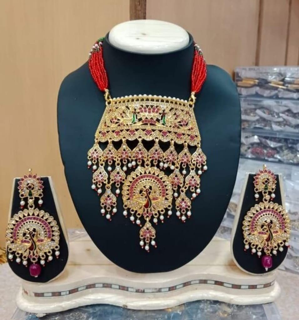 Sparkling Rajputi Jadau Necklace/Aad_02 in Antiqe (Peacock) Design with Multiple Rhinestones