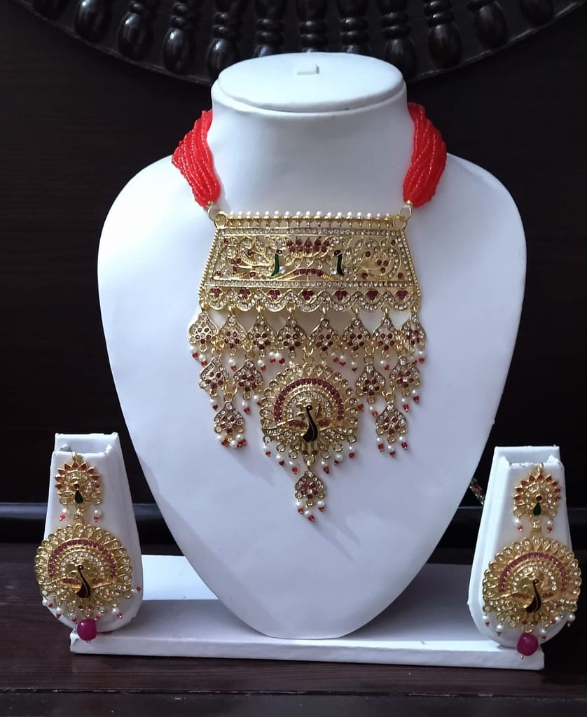 Sparkling Rajputi Jadau Necklace/Aad_02 in Antiqe (Peacock) Design with Multiple Rhinestones