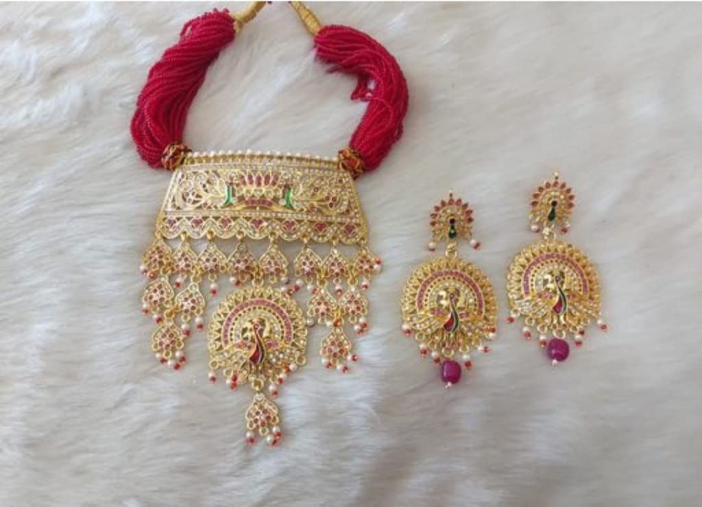 Sparkling Rajputi Jadau Necklace/Aad_02 in Antiqe (Peacock) Design with Multiple Rhinestones