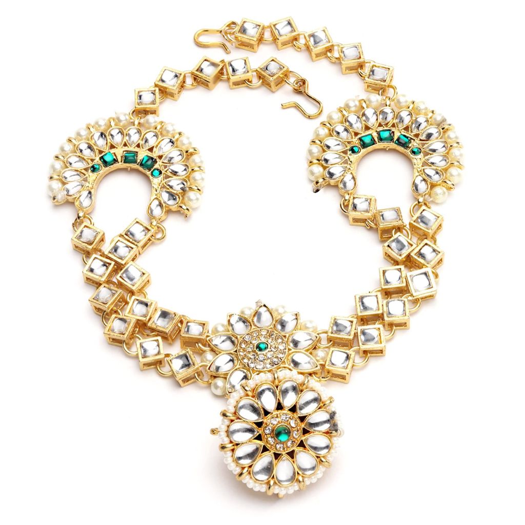 sanjog Women's Brass Metal Kunzite Gem Embellished Rajputi Rajasthani Borla sheeshphool Matha Patti (Green)