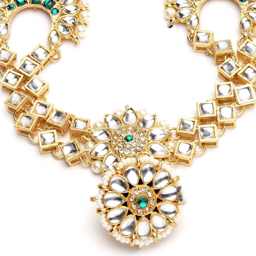 sanjog Women's Brass Metal Kunzite Gem Embellished Rajputi Rajasthani Borla sheeshphool Matha Patti (Green)