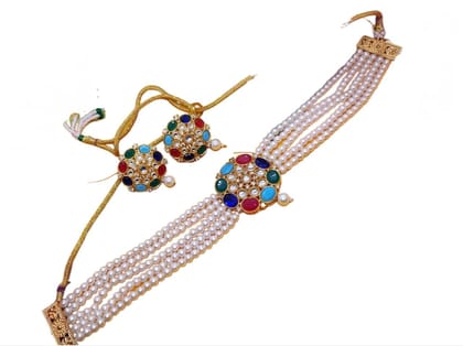Infinity Jewel's Gold Plated Studded Traditional Choker Necklace Jewellery Set for Women