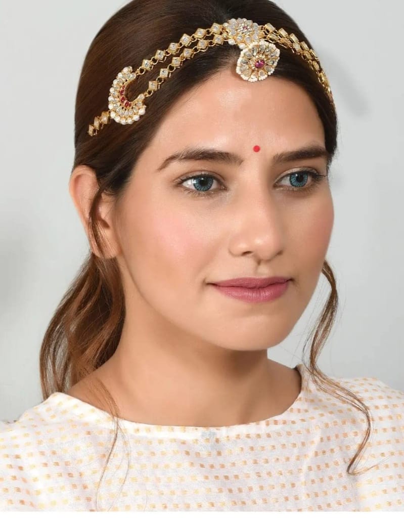 Yash Jewellery Mangtika For Women -Traditional Bridal Large Sheeshphool Rajasthani Maang Tikka With Borla, Minakari Kundan And Pearls Mathapatti For Women And Girls, traditional Jewellery (Pink)