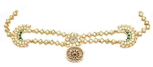 Infinity Jewels Gold-Plated Traditional Dulhan Bridal Sheesphool Mathapatti Rajasthani Maang Tikka with detachable Borla in Kundan and Pearls with Dori for Women and Girls