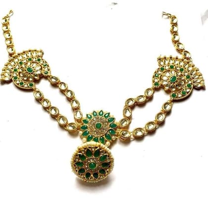 Gold Plated Jewellery Traditional Rajasthani white green kunden Maang Tikka for Womens and Girls