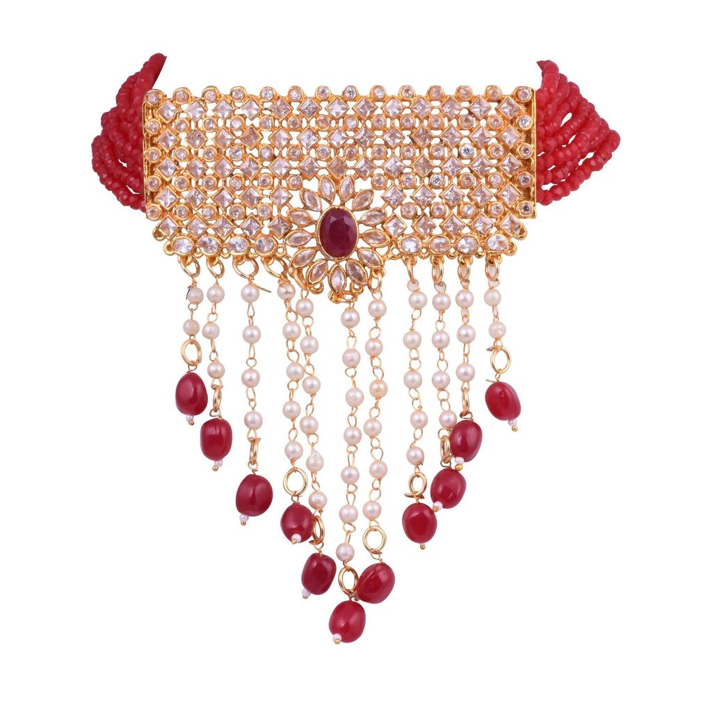 Steorra jewels Red Beads Indian Traditional Ethnic Jaipuri Wedding Style Gold Plated With Stone Pendant Jewellery Choker Necklace Set With Matching Earrings For Women (choker necklace)