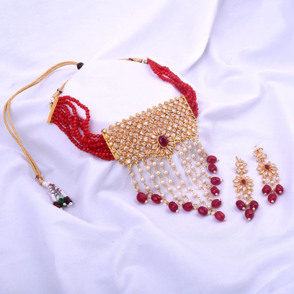 Steorra jewels Red Beads Indian Traditional Ethnic Jaipuri Wedding Style Gold Plated With Stone Pendant Jewellery Choker Necklace Set With Matching Earrings For Women (choker necklace)