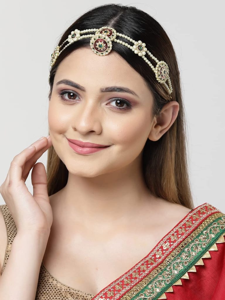 sanjog Rajasthani Borla Maang Tikka for Girls - Rajputi Sheeshphool Matha Patti for Women - Green Red & White Stone Embellished Flower Traditional Jewellery for Bride - Wedding & Engagement Gifts for Her