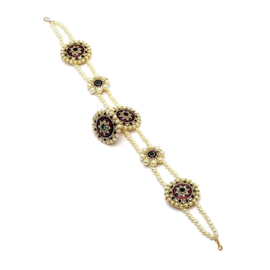 sanjog Rajasthani Borla Maang Tikka for Girls - Rajputi Sheeshphool Matha Patti for Women - Green Red & White Stone Embellished Flower Traditional Jewellery for Bride - Wedding & Engagement Gifts for Her