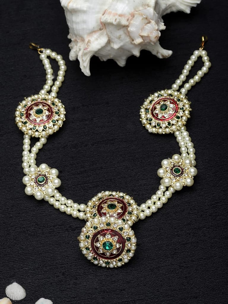 sanjog Rajasthani Borla Maang Tikka for Girls - Rajputi Sheeshphool Matha Patti for Women - Green Red & White Stone Embellished Flower Traditional Jewellery for Bride - Wedding & Engagement Gifts for Her