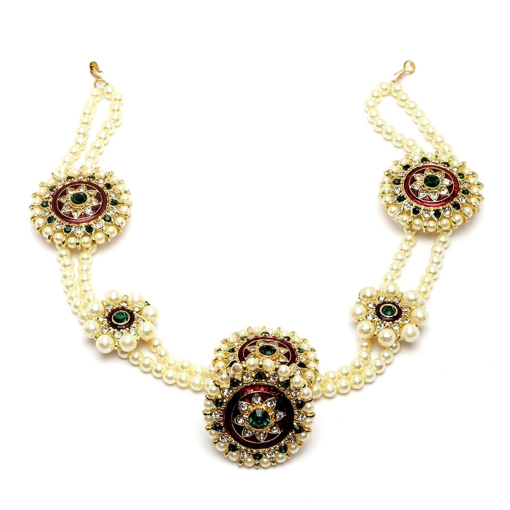 sanjog Rajasthani Borla Maang Tikka for Girls - Rajputi Sheeshphool Matha Patti for Women - Green Red & White Stone Embellished Flower Traditional Jewellery for Bride - Wedding & Engagement Gifts for Her