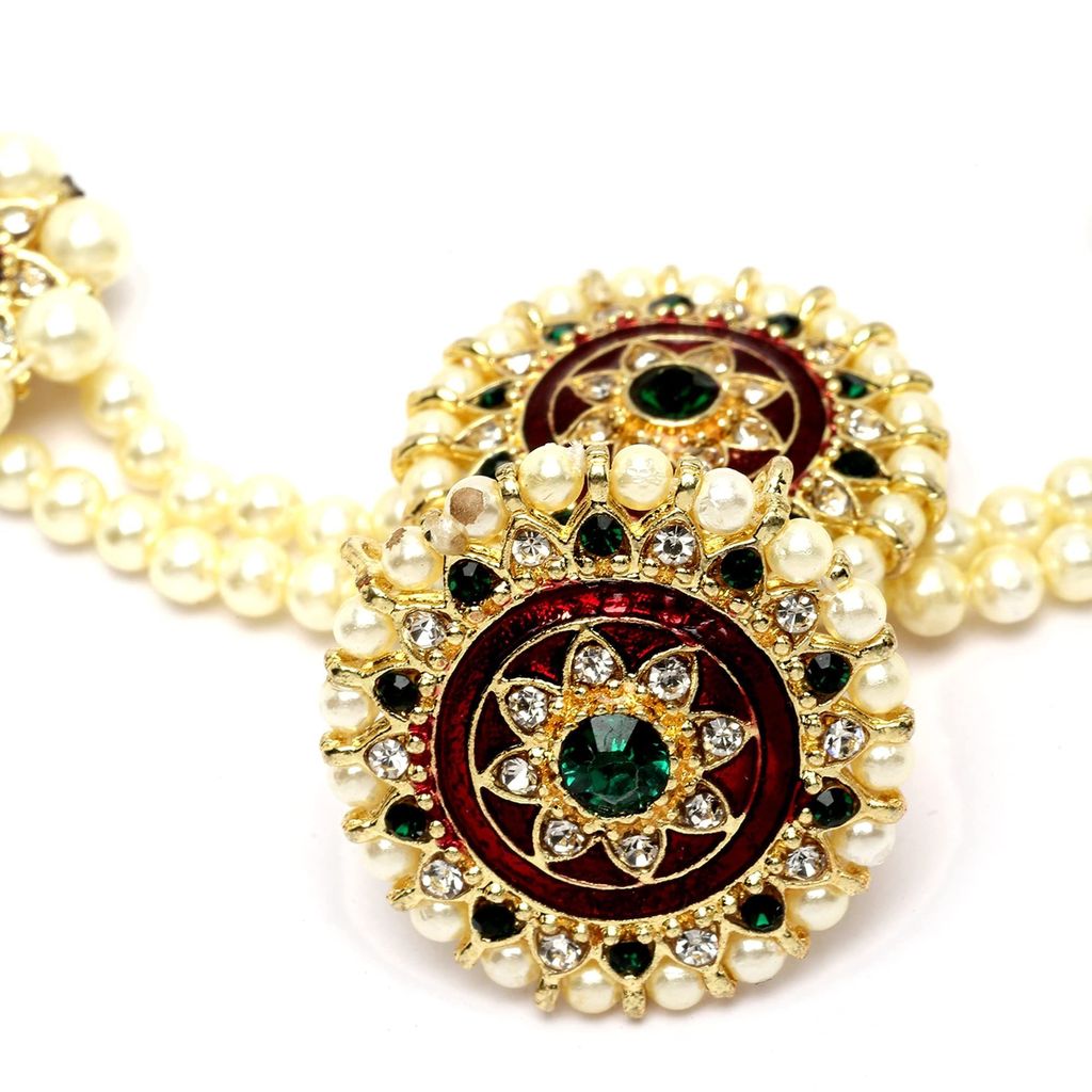 sanjog Rajasthani Borla Maang Tikka for Girls - Rajputi Sheeshphool Matha Patti for Women - Green Red & White Stone Embellished Flower Traditional Jewellery for Bride - Wedding & Engagement Gifts for Her