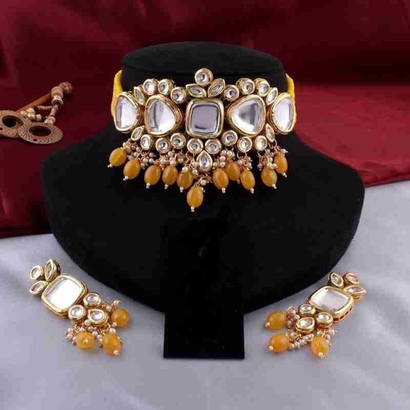 Yash Jewellery Trending Sparkling Back Meena Yellow Heavy Kundan Choker Necklace Set Girls Women