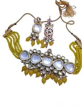 Yash Jewellery Trending Sparkling Back Meena Yellow Heavy Kundan Choker Necklace Set Girls Women