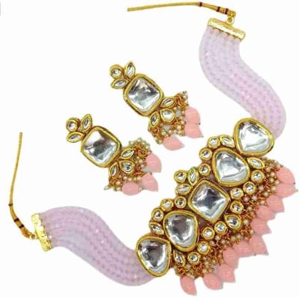 Yash Jewelry Premium Quality Pink Color Heavy Kundan Jewel Set