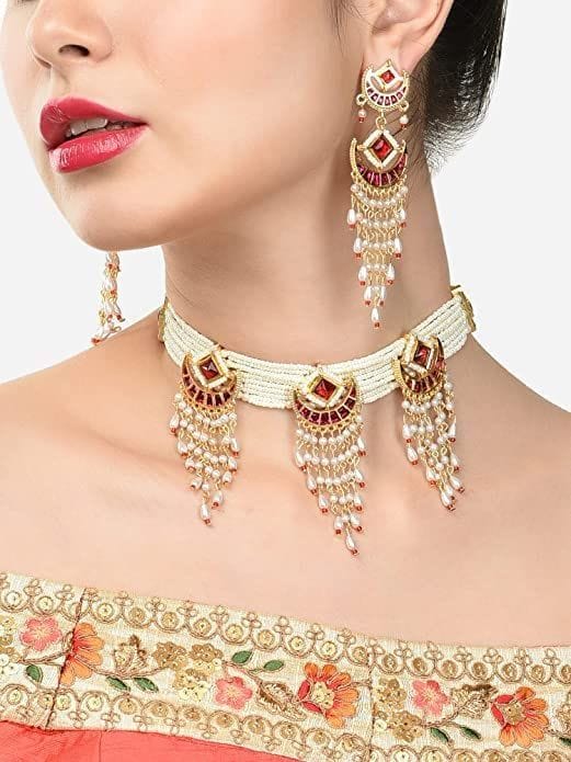 Yash JewelleryCrescent Multistrand Pearls Cascading Choker Necklace & Earring Set For Women