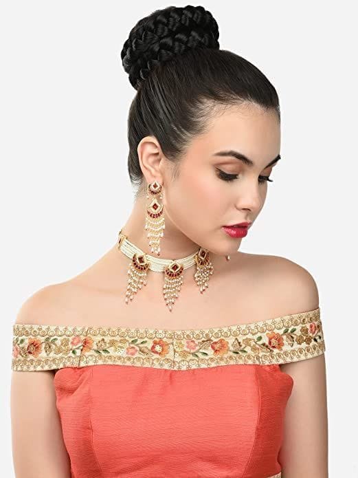 Yash JewelleryCrescent Multistrand Pearls Cascading Choker Necklace & Earring Set For Women