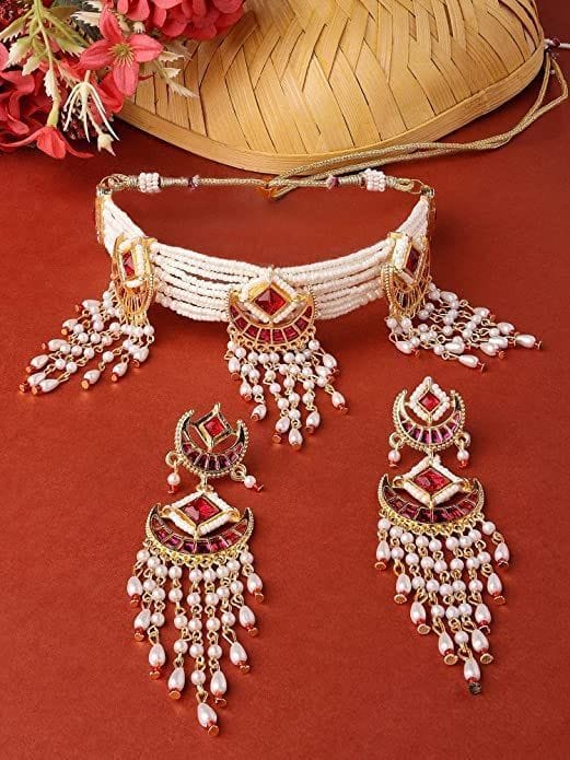 Yash JewelleryCrescent Multistrand Pearls Cascading Choker Necklace & Earring Set For Women