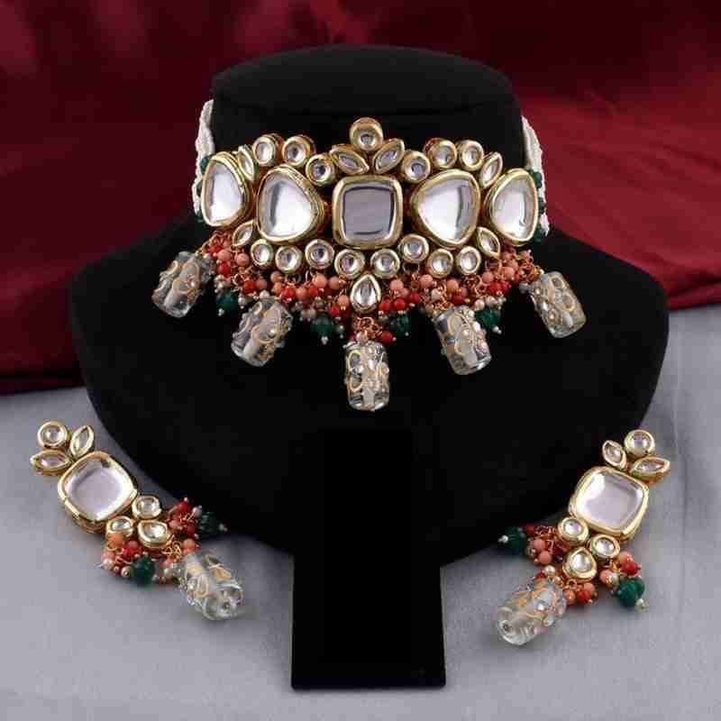 Yash Jewellery Heavy Beads Kundan Grey Color Necklace Set For Girls Women Party Wear