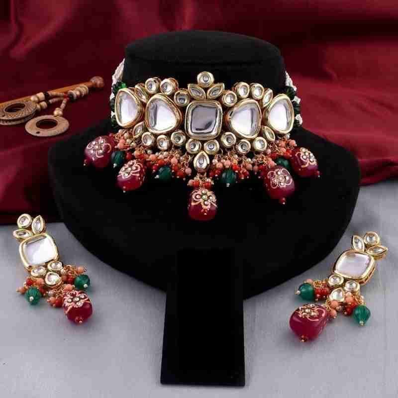 Yash Jewellery Red Color Heavy Beads Choker Necklace Set SParkling Party Wear Girls Women