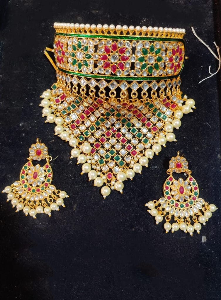 Yash Jewellery Collection Rajasthani Gold Plated Multicolor Kundan Aad Jewelry Set With Earrings Girls Women