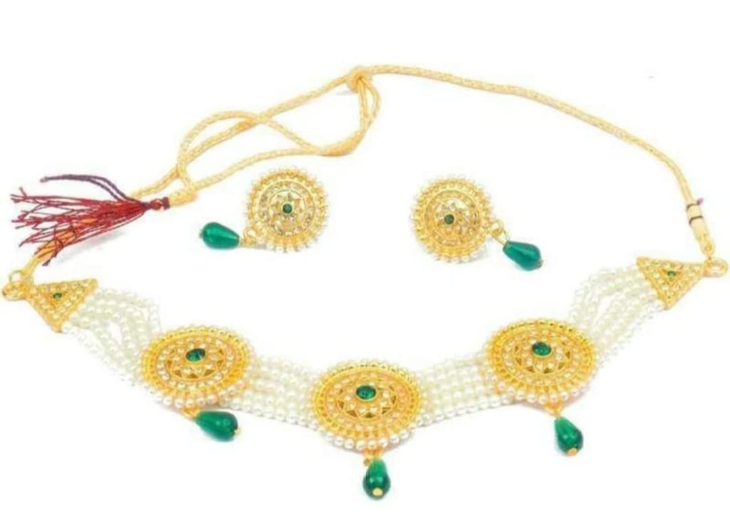 NIKYANKA green American studded white Rajputi Rajasthani necklace set with earrings for women