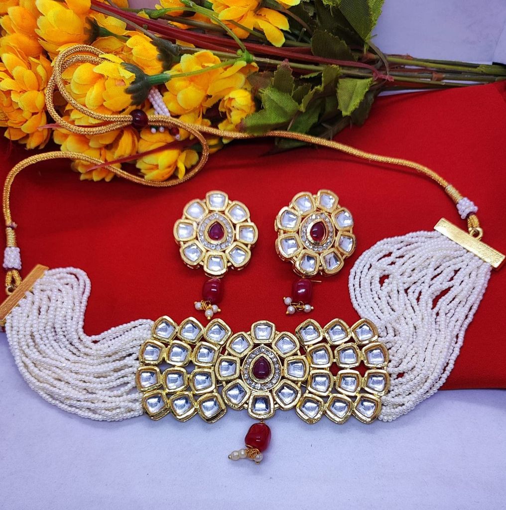 Yash Jewellery Premium quality Stylish Trending Handmade White Beads Kundan Choker Necklace Set Girls Women Party Wear