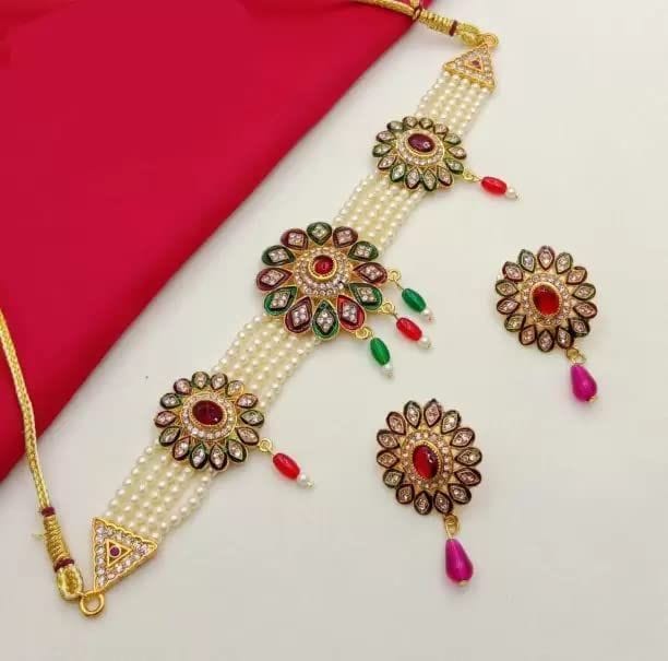 Yash Jewellery Gold Plated White Beads Multicolor Stones Chik Necklace Set Trending Girls Women