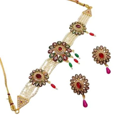 Yash Jewellery Gold Plated White Beads Multicolor Stones Chik Necklace Set Trending Girls Women